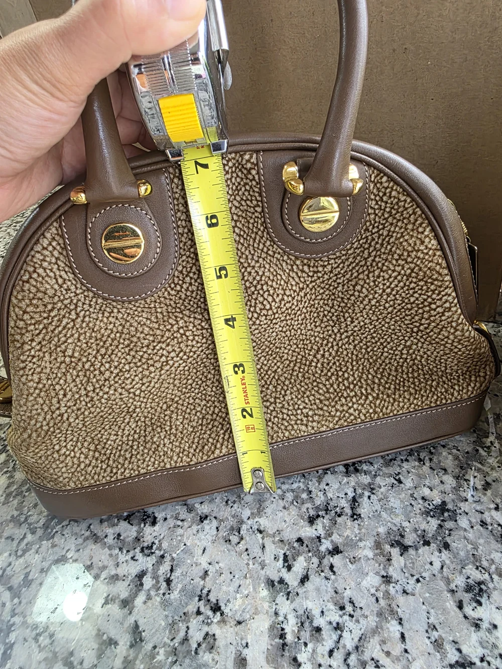 Vintage Borbonese Italy Brown Leather Satchel Dome Bag Gold Screw Hardware